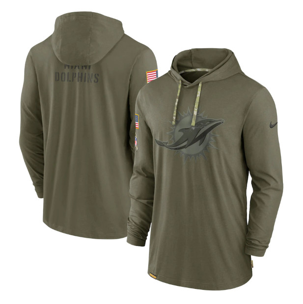 Men's Miami Dolphins 2022 Olive Salute to Service Tonal Pullover Hoodie - Click Image to Close